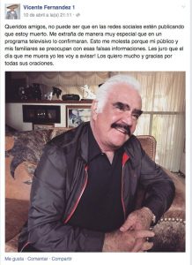 Vicente desmiente su supuesta muerte. Foto: Tomada de Facebook de Vicente Fernández