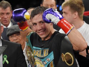 Gennady Golovkin, of Kazakhstan, poses after defeating Willie Monroe Jr. in a middleweight boxingbout, Saturday, May 16, 2015, in Inglewood, Calif. Golovkin won when the fight was stopped in the sixth round. (AP Photo/Mark J. Terrill)