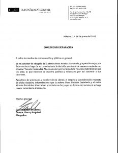 COMUNICADO DE SEPARACION DE VICENTE FERNANDEZ JR. Y MARA PATRICIA CASTAÑEDA.