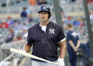 New York Yankees designated hitter Alex Rodriguez (13) steps out of the batting cage before a baseball game against the Minnesota Twins in Minneapolis, Friday, July 24, 2015. (AP Photo/Ann Heisenfelt)