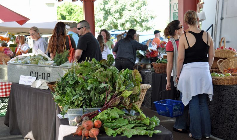 Mercado con delicias culinarias, cosechas locales y artesanías