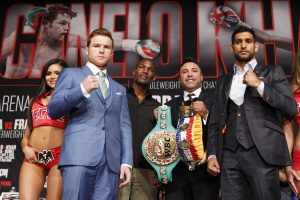 60504194. Las Vegas, EUA, 4 May 2016 (Notimex-Hogan Photos/Golden Boy Promotion).- El mexicano Saúl Álvarez y el británico Amir Khan ofrecieron una conferencia de prensa de cara a la contienda que protagonizarán este sábado. NOTIMEX/FOTO/ HOGAN PHOTOS/GOLDEN BOY PROMOTION/COR/SPO/